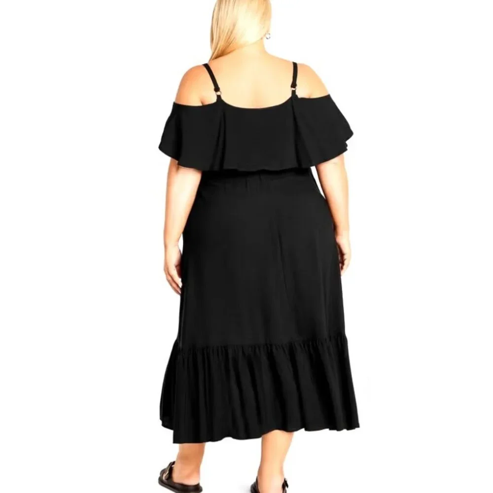 NWT Avenue Black Cold Shoulder Overlay Tie Waist Midi Dress 20